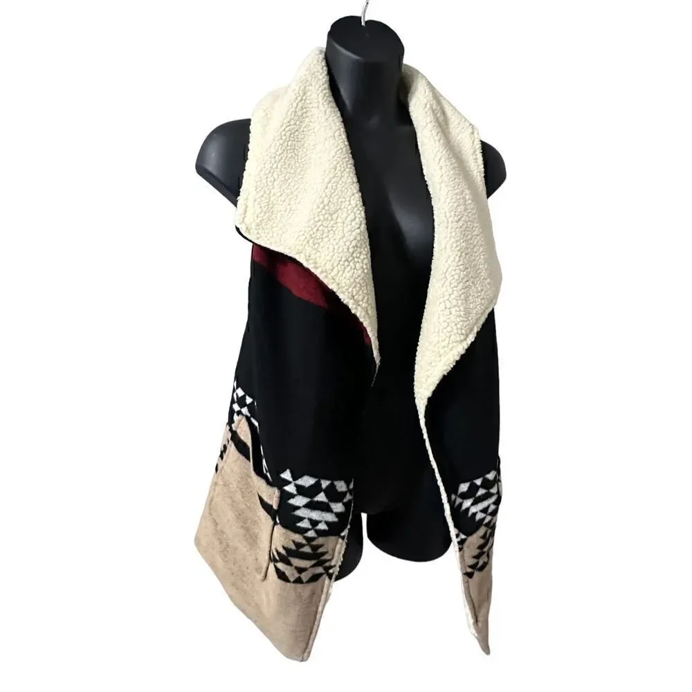Me Jane Women's Faux Fur Tribal Aztec Wool Blend Vest Open Sweater Black Small